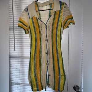SHEIN Striped Crochet Button-Front Sweater Dress in Cream, Yellow & Green